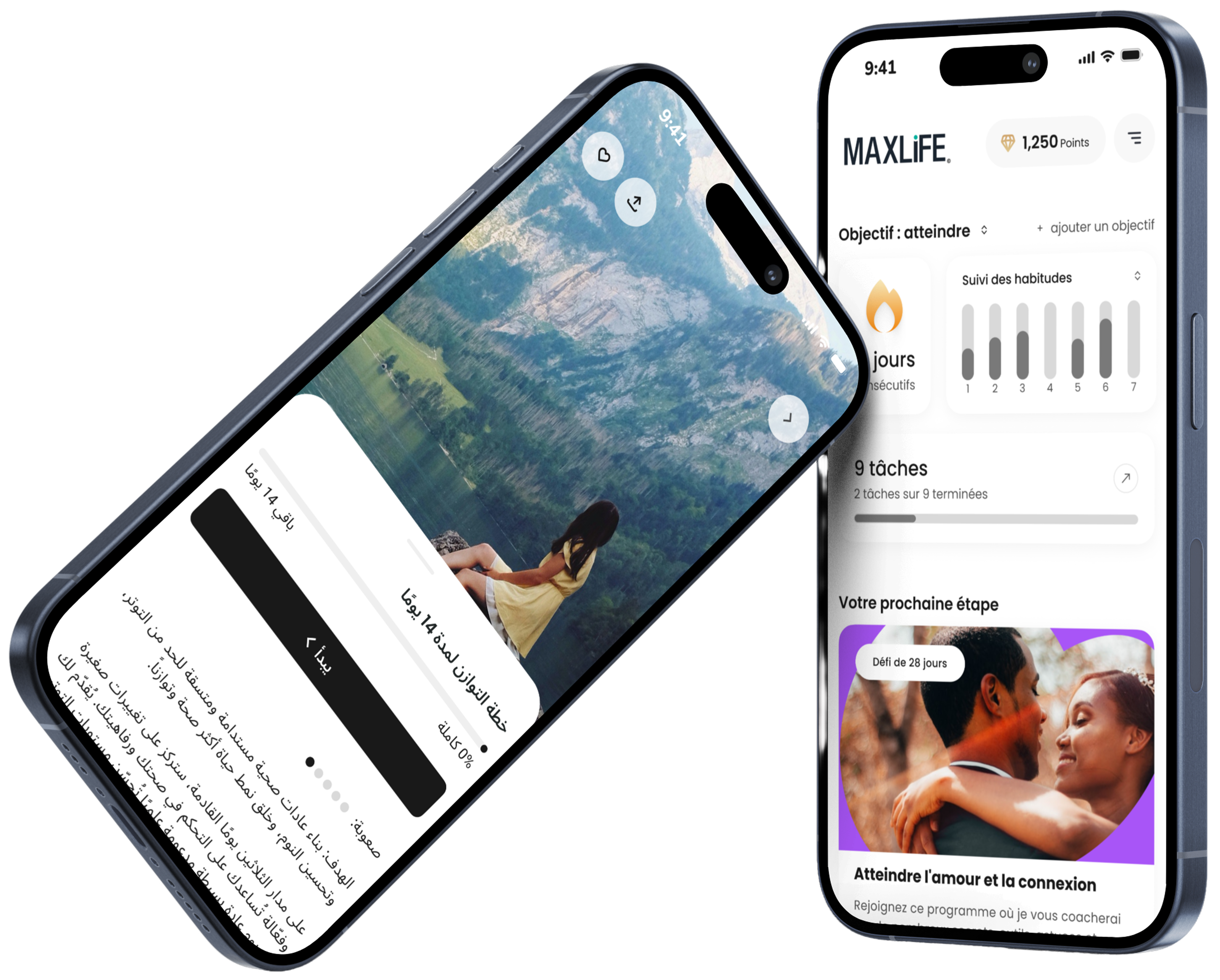 MaxLife app screens showing French and Arabic language support